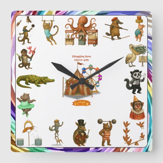 Dingaling Bros Circus acts Quadratische Wanduhr (Vorderseite)