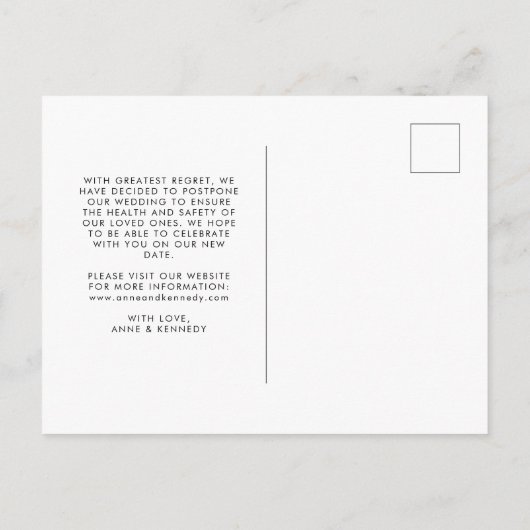 Dinge geschehen Änderung der Pläne Hochzeitdatum Ankündigungspostkarte (Rückseite)