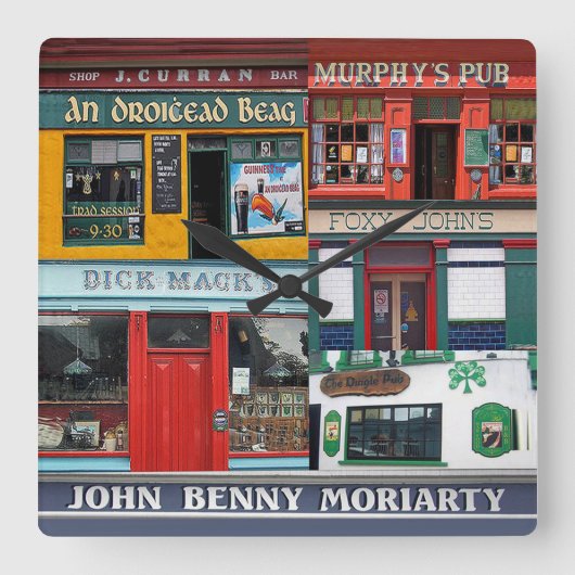Dingle Pubs Collage, Irish Clock. Irland Quadratische Wanduhr (Vorderseite)