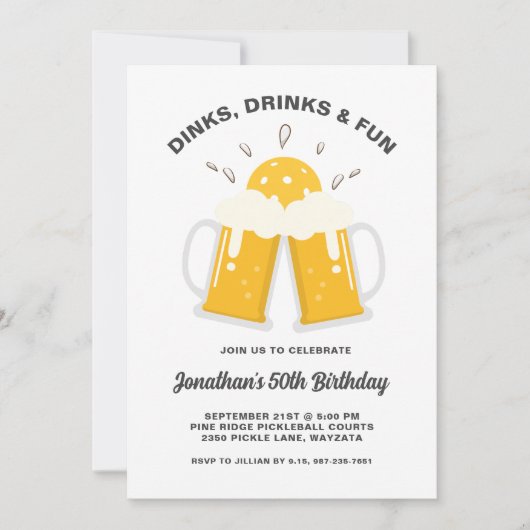 Dinks & Drinks Bier Tasse Pickleball Geburtstagspa Einladung (Vorderseite)