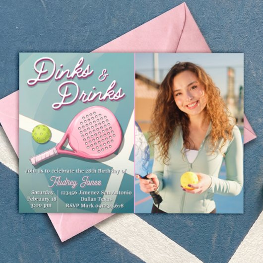 Dinks und Drinks - Pickleball Geburtstag mit Foto Einladung