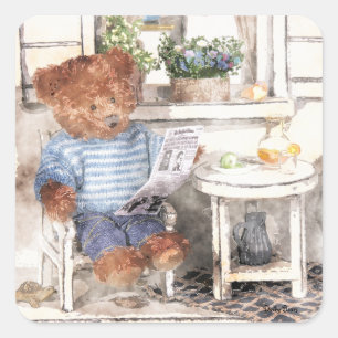 Dinky Bärn-Aquarell - Lesebär Quadratischer Aufkleber