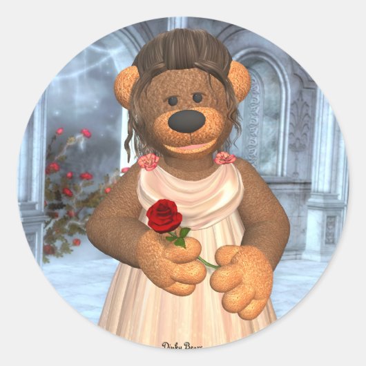 Dinky Bears Beauty mit Rose Runder Aufkleber (Vorderseite)