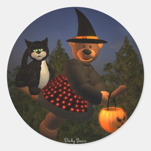 Dinky Bears Flying Hexe Runder Aufkleber (Vorderseite)