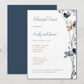 Dinner Dusty Blue Beige Botanical Modern Wedding Einladung
