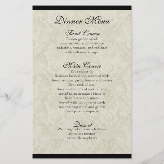 Dinner Menu Card - Black n Cream Red Tulip Damask (Rückseite)