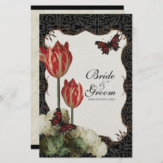 Dinner Menu Card - Black n Cream Red Tulip Damask (Vorne/Hinten)