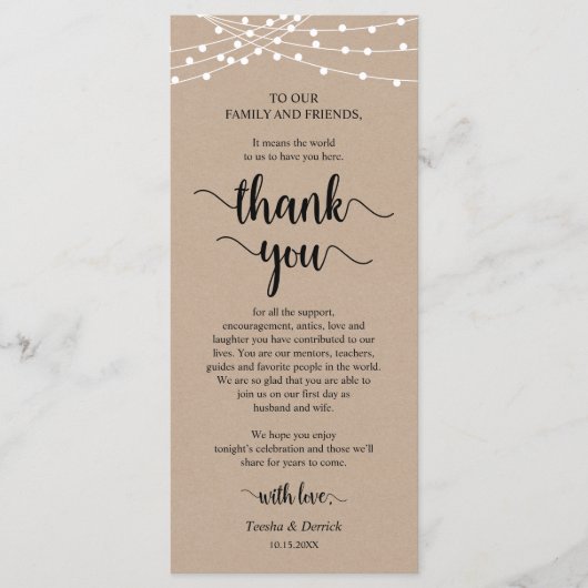 Dinner Place Setting Vielen Dank, Rustic Kraft Car Programm (Vorderseite)