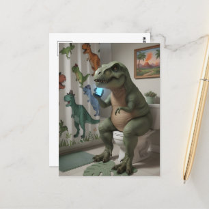 Dino auf Handy auf Toilette Postkarte