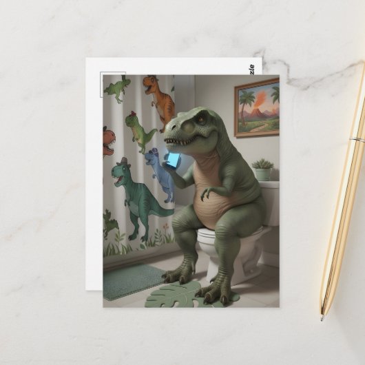 Dino auf Handy auf Toilette Postkarte (Vorderseite/Rückseite Beispiel)