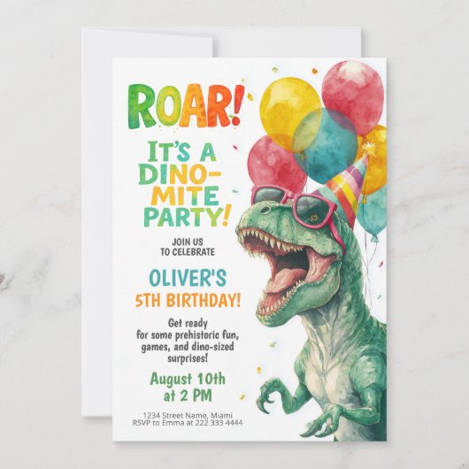 Dino Birthday Party with Balloons Einladung (Vorderseite)