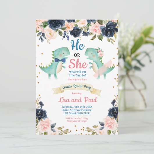 Dino Bowtie oder Tutu Dinosaur Gender Reveal Einladung (Stehend Vorderseite)