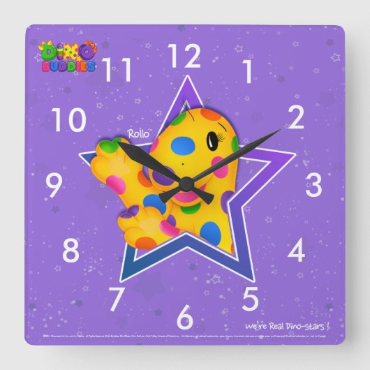 Dino-Buddies™ Square Wall Clock – Rollo™ w/Star Quadratische Wanduhr (Vorderseite)