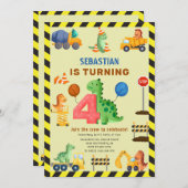 Dino Crew Bau 4. Geburtstag Dinosaurier Einladung (Vorne/Hinten)