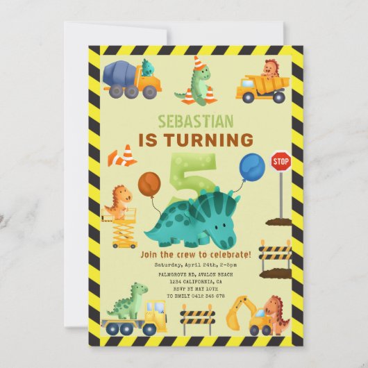 Dino Crew Bau 5. Geburtstag Dinosaurier Einladung (Vorderseite)