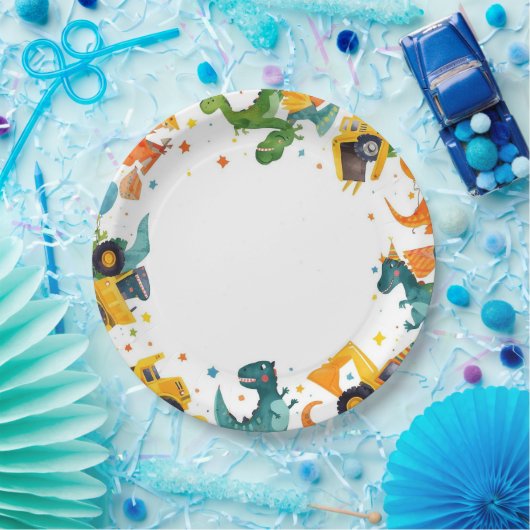 Dino Digger Construction Birthday Party Pappteller (Party)