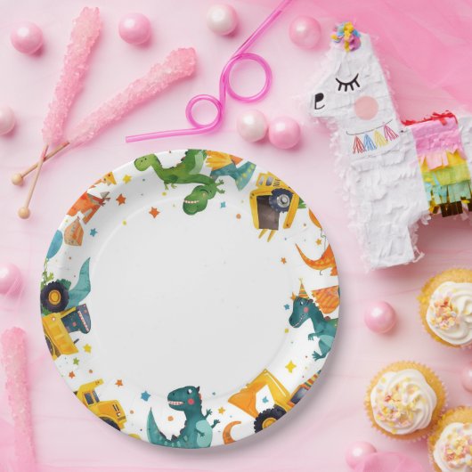 Dino Digger Construction Birthday Party Pappteller (Party)