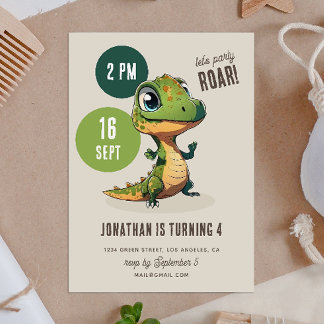 Dino Dinomite Party. Niedlicher Dinosaurier-Kinder Einladung