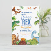 Dino drei rex 3. Jungen Dinosaurier Geburtstagsfei Einladung (Stehend Vorderseite)