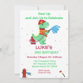 Dino Fireman Kids 2. Geburtstag Party Einladung (Vorderseite)