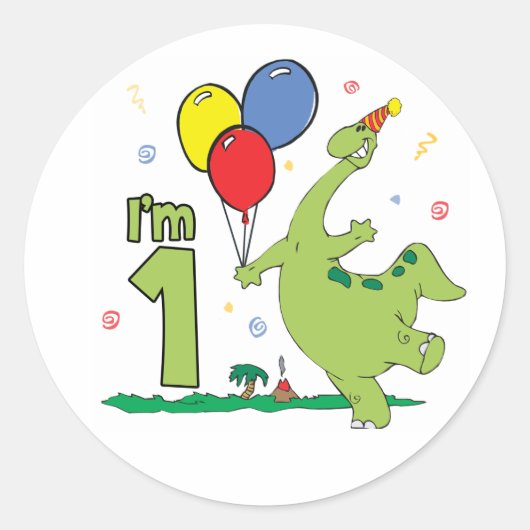 Dino First Birthday Classic Round Sticker (Vorderseite)