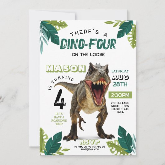 Dino Four Birthday Dinosaur Roar T-Rex 4. Einladung (Vorderseite)