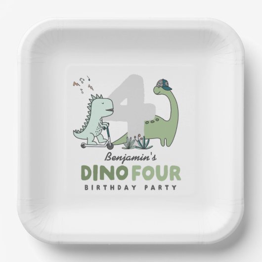 Dino Four Birthday Party Paper Plates Pappteller (Vorderseite)