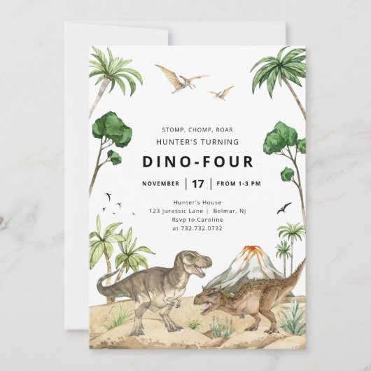 Dino-Four Dinosaur Geburtstagseinladung Einladung (Vorderseite)