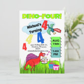 Dino Four Dinosaur Junge 4. Geburtstag Einladung (Stehend Vorderseite)