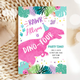 Dino-Four Pink Dinosaurier Girl 4. Geburtstag Einladung