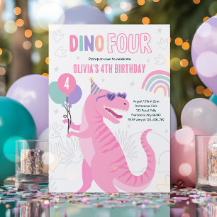 Dino Four Pink T-Rex Dinosaur 4. Geburtstags-Party Einladung