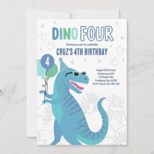 Dino Four T-Rex Dinosaur 4. Geburtstags-Party Einladung