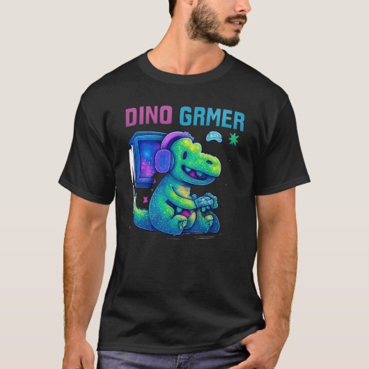 Dino Gamer - Retro Pixel Neon Style T-Shirt (Vorderseite)