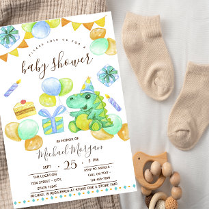 Dino, Geschenke, Süßigkeiten Baby Shower im Zickza Einladung