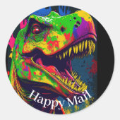 Dino Happy T-Rex Happy Mail Runder Aufkleber (Vorderseite)