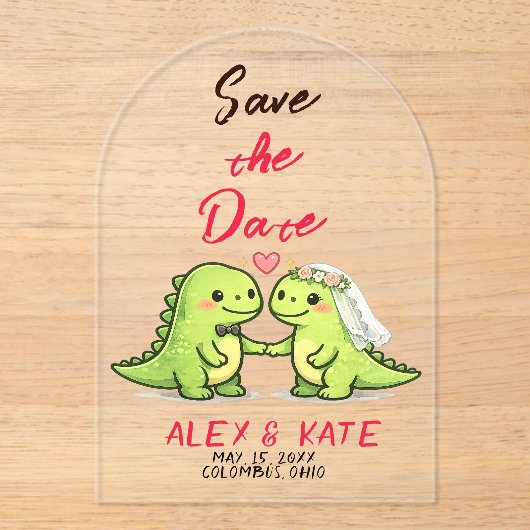 Dino-Hochzeit Termin speichern Acryleinladungen (Vorderseite)