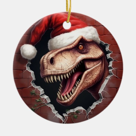 Dino in Weihnachtsmannmütze - 3D Keramik Ornament (Vorne)
