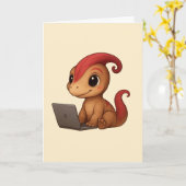 Dino Karte – Dino Kammli am Laptop (Gelbe Blume)