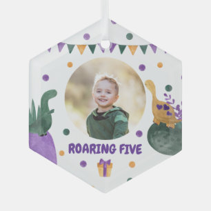 Dino Kid Party Roaring Green Lila Custom Foto Ornament Aus Glas
