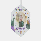 Dino Kid Party Roaring Green Lila Custom Foto Ornament Aus Glas (Vorderseite Rechts)