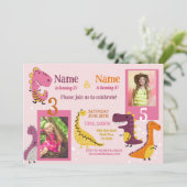Dino Kindergeburtstag Girls Rosa Foto Gemeinsames Einladung (Stehend Vorderseite)