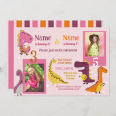 Dino Kindergeburtstag Girls Rosa Foto Gemeinsames Einladung (Vorne/Hinten)