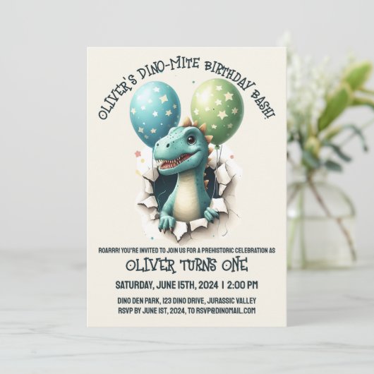 Dino-Mite Birthday Bash Einladung (Stehend Vorderseite)