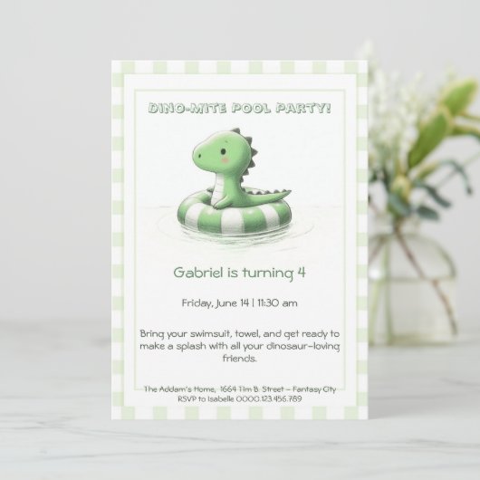 Dino-Mite Birthday Pool Party Einladung (Stehend Vorderseite)