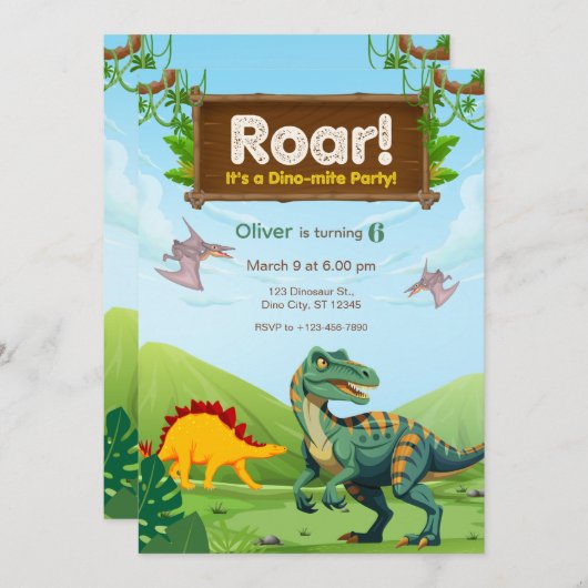 Dino-Mite Dinosaur Birthday Party Einladung (Vorne/Hinten)