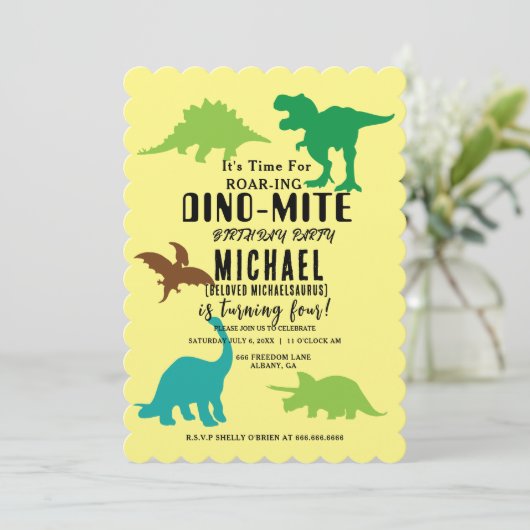Dino-Mite Party Invites - Roaring Dinosaur Design Einladung (Stehend Vorderseite)
