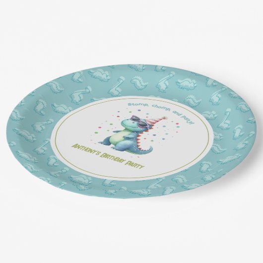 Dino-Mite "Stomp, Chomp & Party" Dinosaur Geburtst Pappteller (Schrägansicht)