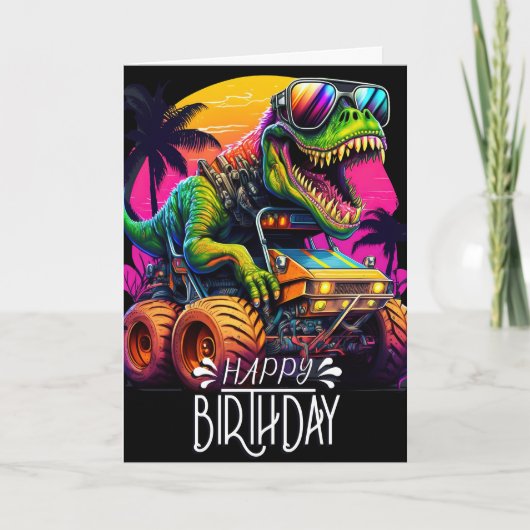 Dino Monster Truck Happy Birthday Karte (Vorderseite)