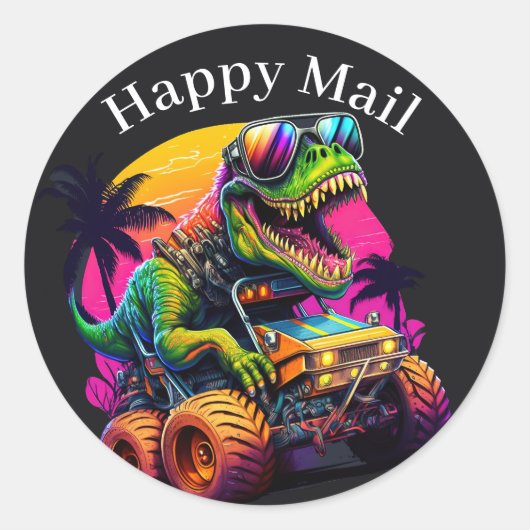 Dino Monster Truck Happy Mail Runder Aufkleber (Vorderseite)