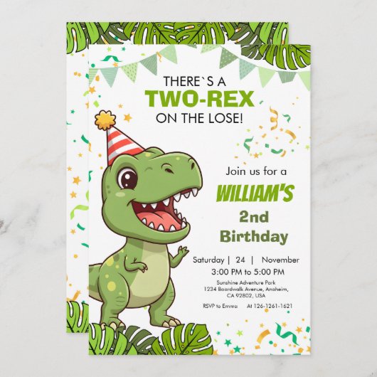 Dino Party 2. Geburtstag Einladung (Vorne/Hinten)